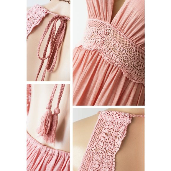 Pink Crochet Lace Open Back Halter Boho Maxi Dress - Picture 4 of 8